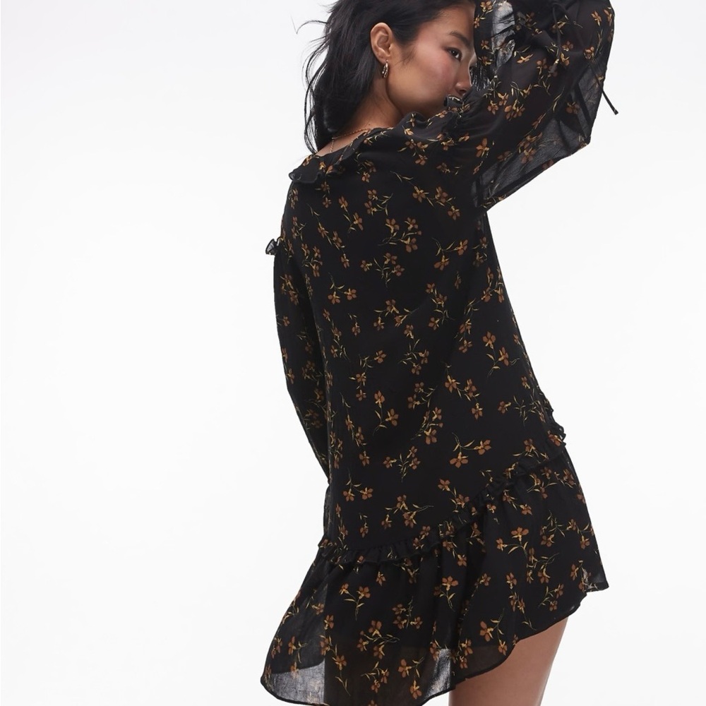 Topshop Black Floral Boho Mini Dress Ruffle Long Sleeve Size 10 - Picture 2 of 6